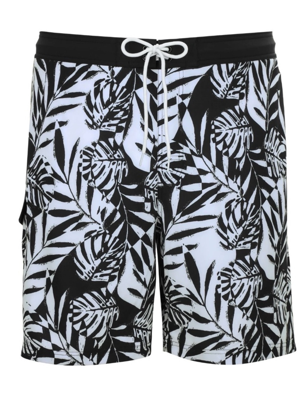 George Men's L Cargo E-Board Swim Trunks Black White Tropical Leaf 9" Inseam NWT